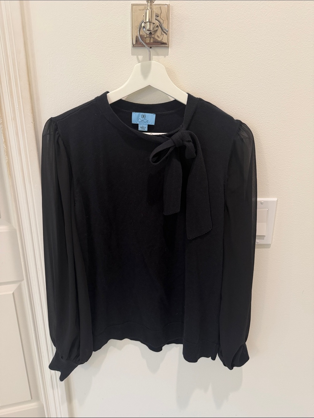 CeCe Bow Neck Mixed Media Sheer Long Sleeve Sweater Blouse Black Large